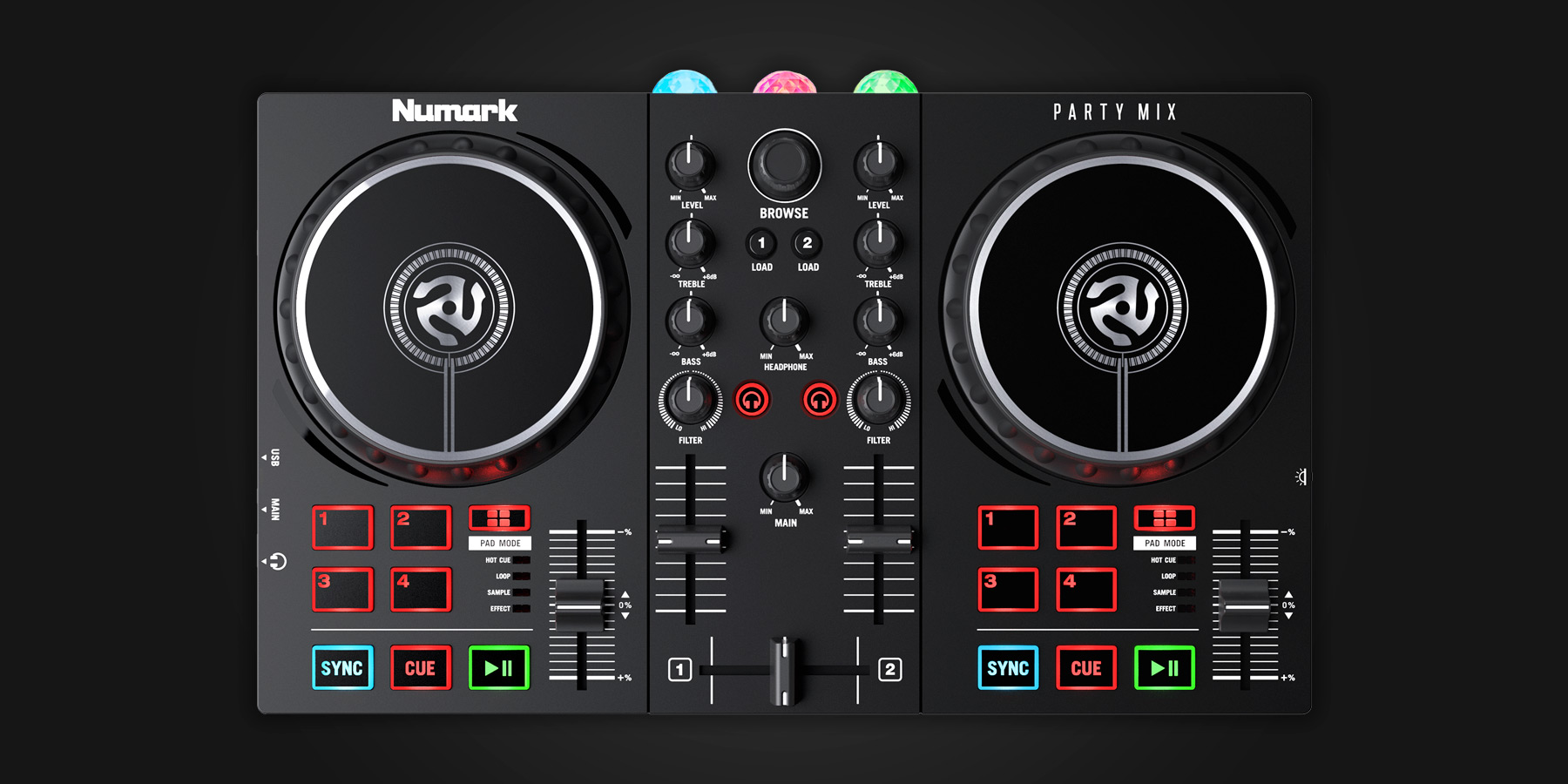 thumbnail image 2 of Used Numark Party Mix II DJ Controller – Serato LE, Built-In Light Show, USB 2 of 6